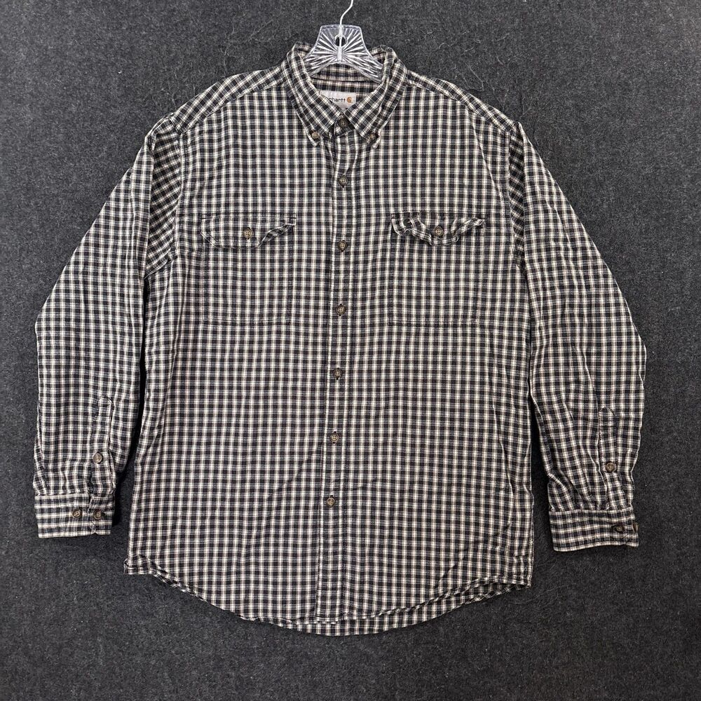 Carhartt Flannel Shirt Men's Large Beige Blue Plaid 100% Cotton Pockets Workwear